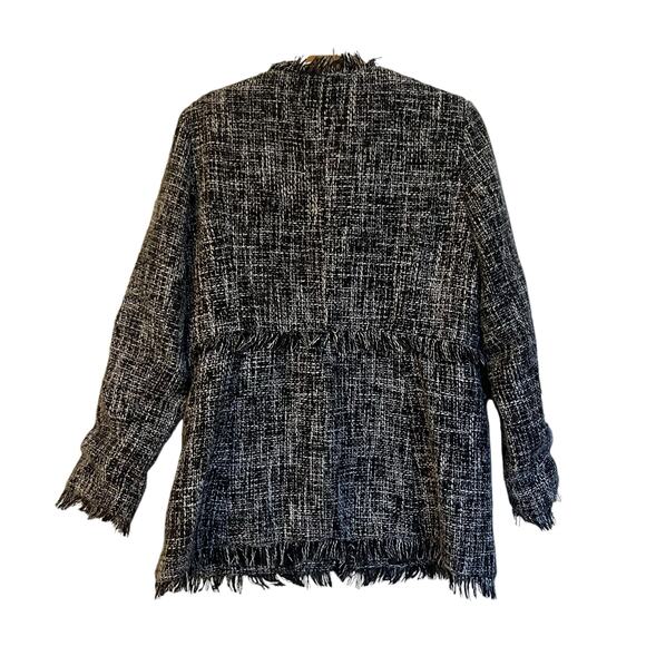Sandro Tweed Long Jacket Black Boucle Blazer Fringe Collarless Classic Size L - Picture 3 of 12